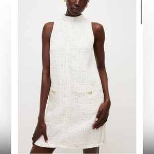 Karen Millen Metallic Tweed Pocket Shift Mini Dress in White/Gold